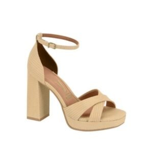 Sandália Vizzano Salto Grosso Bloco Plataforma Palha/Ráfia Cruzada