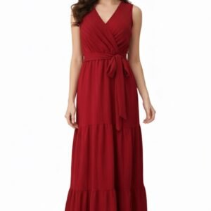 Vestido Longo Envelope Decote V Vermelho com Amarração na Cintura